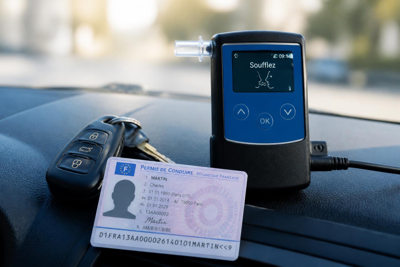 Permis de conduire français, clés de voiture et éthylotest anti-démarrage posés sur un tableau de bord